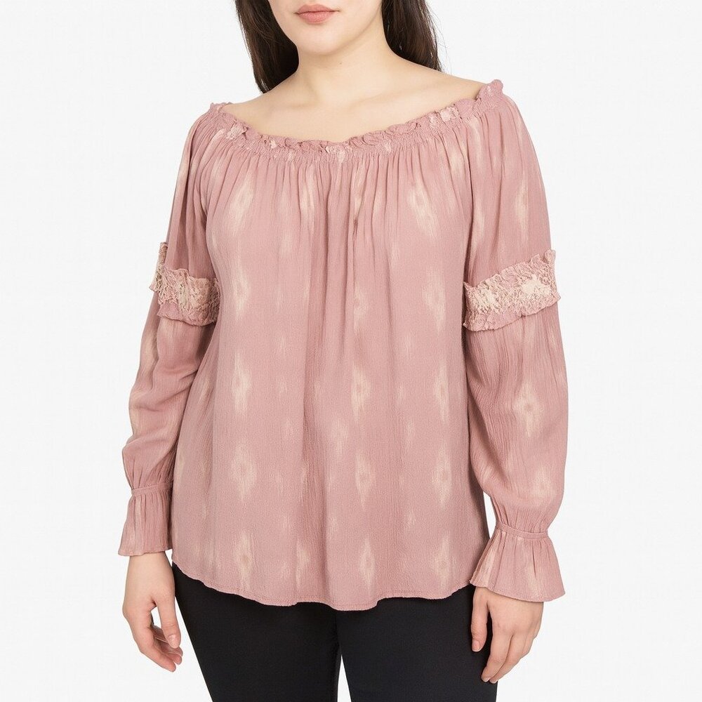 Oddy Blush Boho Peasant Top Size S Lace Sleeve Off Shoulder Pullover
